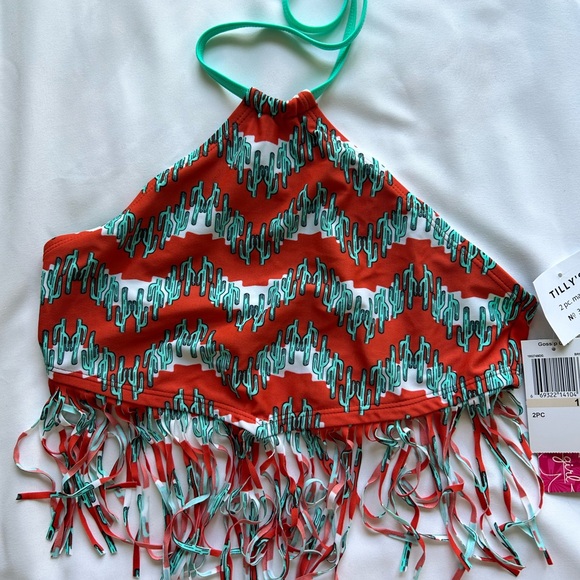 Swimwear Gossip Girl Cactus Fringe 2 Pc Bikini Set SZ 12 Burnt Orange Green - Picture 2 of 4